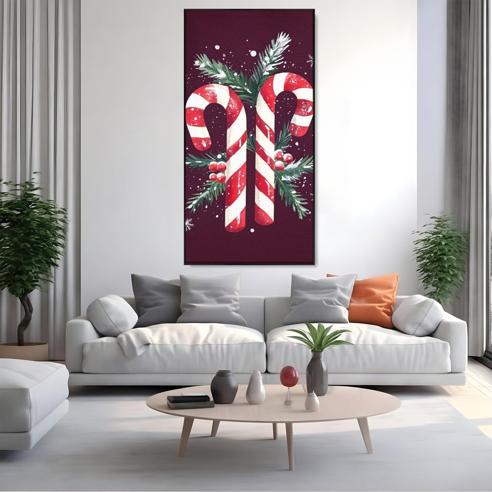 Tablou canvas cu tablou canvas cu bastonase de zahar, in rama de aluminiu negru, pe perete intr-un living
